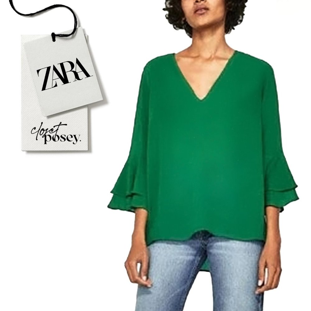 NWT . zara . v-neck blouse . green . small